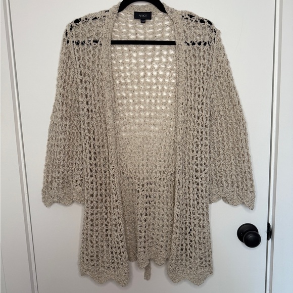 VICI Taupe Open Knit Crochet Cardigan Sweater Women’s S/M Lightweight Boho - Picture 1 of 13